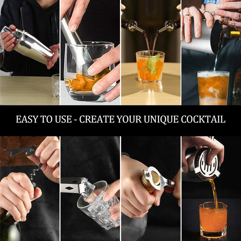 Cocktail Shaker Set Bartender Kit, NICEAO 10-Piece Bar Kit, 25oz Martini Shaker, Mixing Spoon, Double Jigger, Liquor Pourers, Muddler, Strainer and Ice Tongs, Professional Bar Set Tools