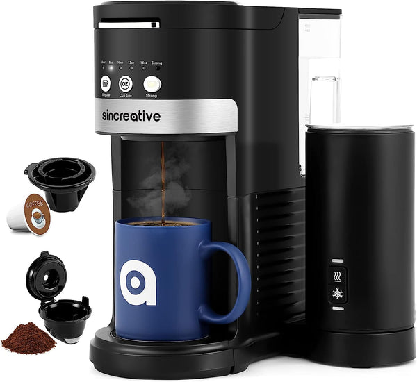 Sincreative Single Serve Coffee Maker with Milk Frother, Single Cup Coffee Makers for K Cup Pod or Ground Coffee, Latte Cappuccino Coffee Machine with Strong Brew Function, Gifts for Mom Dad Women Men