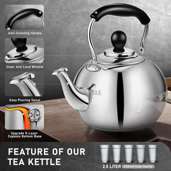 DclobTop Stove Top Whistling Tea Kettle 2.5 Quart Classic Teapot Mirror Polished Culinary Grade Stainless Steel Teapot for Stovetop