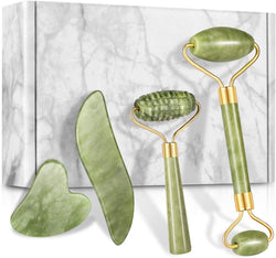 4-pcs Jade Roller & Gua Sha Set, Facial Roller Massager with Gua Sha Scraping Tool, Jade Stone Massager for Anti-aging, Slimming & Firming, Rejuvenate Face and Neck, Remove Wrinkles & Eye Puffiness
