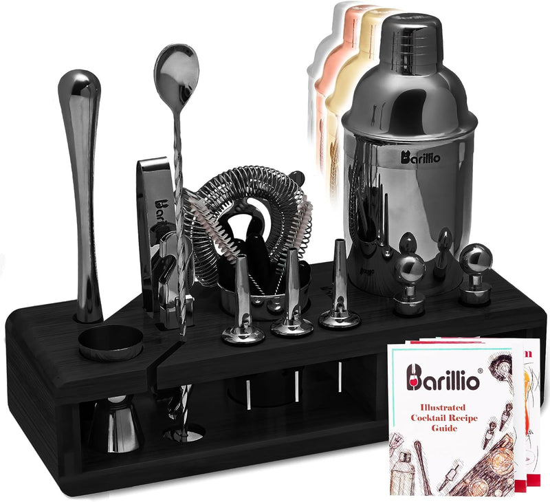 Black Mixology Bartender Kit Cocktail Shaker Set by Barillio: Drink Mixer Set with Bar Tools, Muddler, Mixing Spoon, Jigger, Strainer, Sleek Black Bamboo Stand & Recipes Booklet