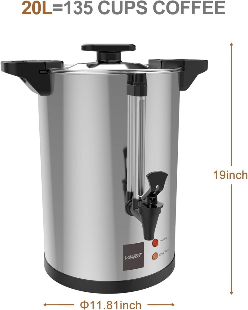 Valgus Commercial Stainless Steel Coffee Urn 135-Cup 20L Large Capacity Coffee Maker Hot Water Urn with Percolator Automatic Temperature Control for Large Events, Parties, Weddings