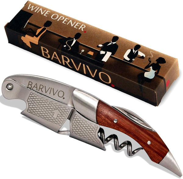 Barvivo Natural Rosewood Wine Opener with Foil Cutter Knife & Cap Remover, Double Hinged Manual Wine Key for Bartenders, Servers, Waiters, Stainless Steel Wine Bottle Opener Corkscrew