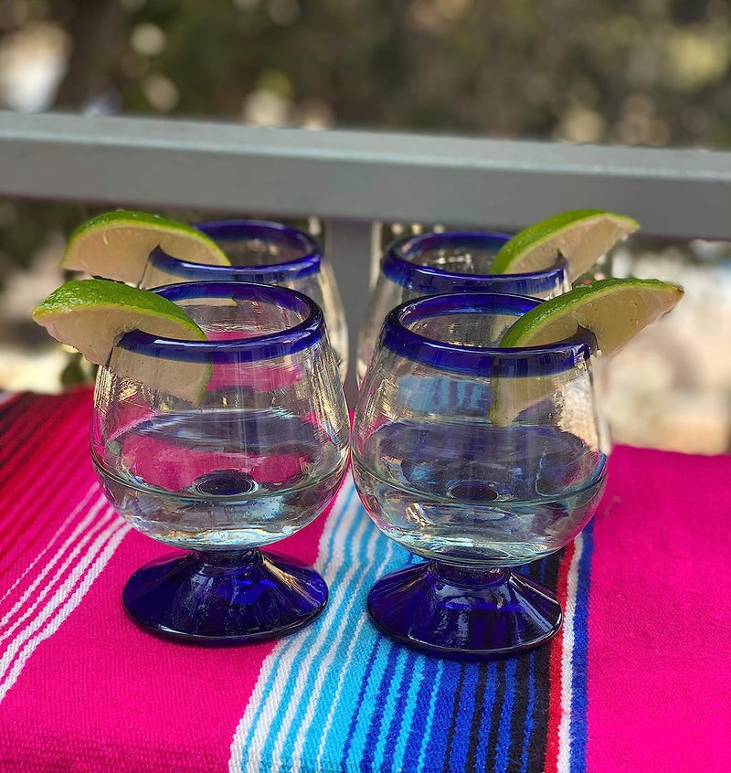 Mexican Hand Blown Glass – Set of 4 Hand Blown Cognac Snifter Glasses - Cobalt Blue Rim