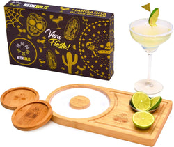 NEONSOLIS Margarita Salt Rimmer Set - Premium Bamboo Salt Rimmer for Cocktails with Stainless Steel Bowl, 2 x Coasters - Beautiful Mexican Skull Bar Accessories - Elegant Packaging