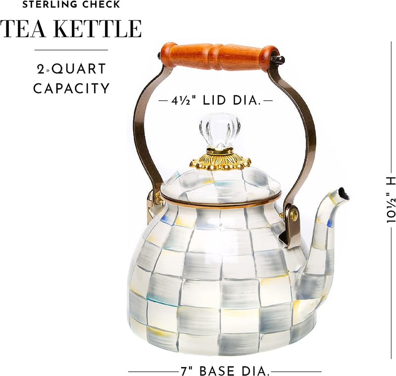 MacKenzie-Childs Sterling Check Enamel Tea Kettle, Decorative Tea Kettle, 2-Quart Capacity