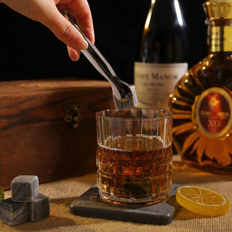 Whiskey Stones and Whiskey Glass Gift Set, Pack of 6 Whiskey Stones with Old Fashion Whiskey Glass, Absorbent Drink Coaster and Stainless Steel Tong, Man/Myth/Legend, Gift for Father/Husband - Aiizun