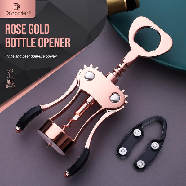 Drincarier Wine Opener, Zinc Alloy Premium Wing Corkscrew Wine Bottle Opener with Multifunctional Bottles Opener, Upgrade (Rose Gold Opener With Foil Cutter)……