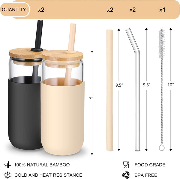 20 OZ Glass Cups with Bamboo Lids and Straws - Beer Can Shaped Drinking Glasses with Silicone Protective Sleeve Set for Iced Coffee, Water, Smoothie, Boba Tea, Gift, 2 Colors