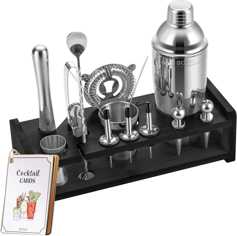 Soing Black 24-Piece Cocktail Shaker Set,Perfect Home Bartending Kit for Drink Mixing,Stainless Steel Bar Tools With Stand,Velvet Carry Bag & Recipes Included