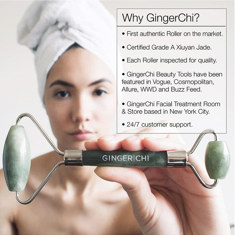 Ginger Chi Jade Roller - Anti-Aging Jade Therapy for Skin Care - Face Sculpting Tool for Eyes, Cheeks, Forehead - Jawline Shaper & Neck Roller - Face Roller is Part of The Gua Sha Facial Tools