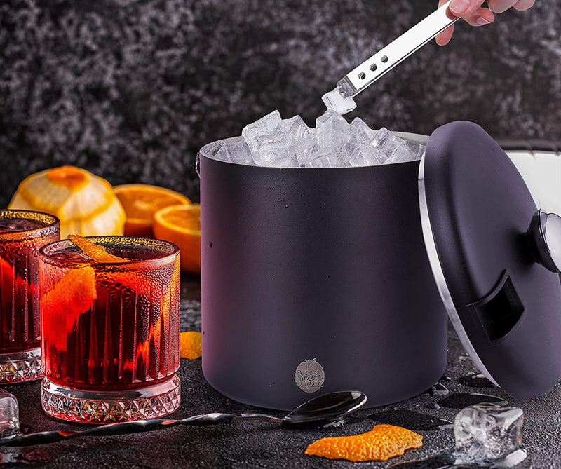 Cheersgene Ice Bucket Matte Black 3.4 Quarts Double Wall Insulated Stainless Steel Ice Bucket w/Strainer Lid Tong Scoop - Keep Ice Cold, Full set of accessories, Perfect for Home bar & Party, Gifts