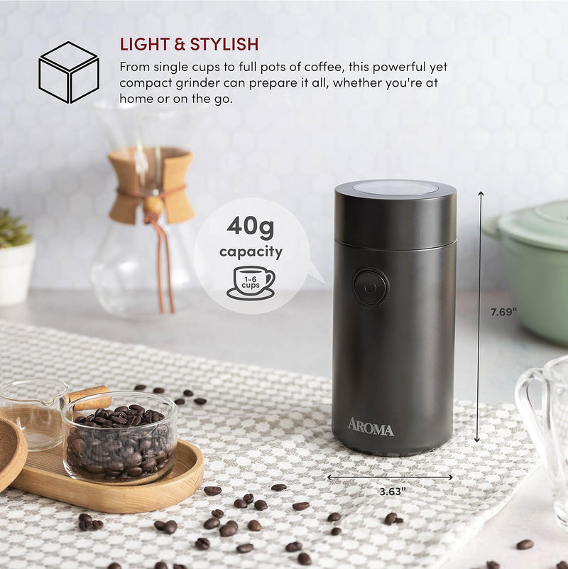 Aroma Housewares Mini Coffee Grinder and Electric Herb Grinder with 304 Stainless Steel Grinding Blades and a Premium Clear Lid (40 g.) (ACG-107B), Black