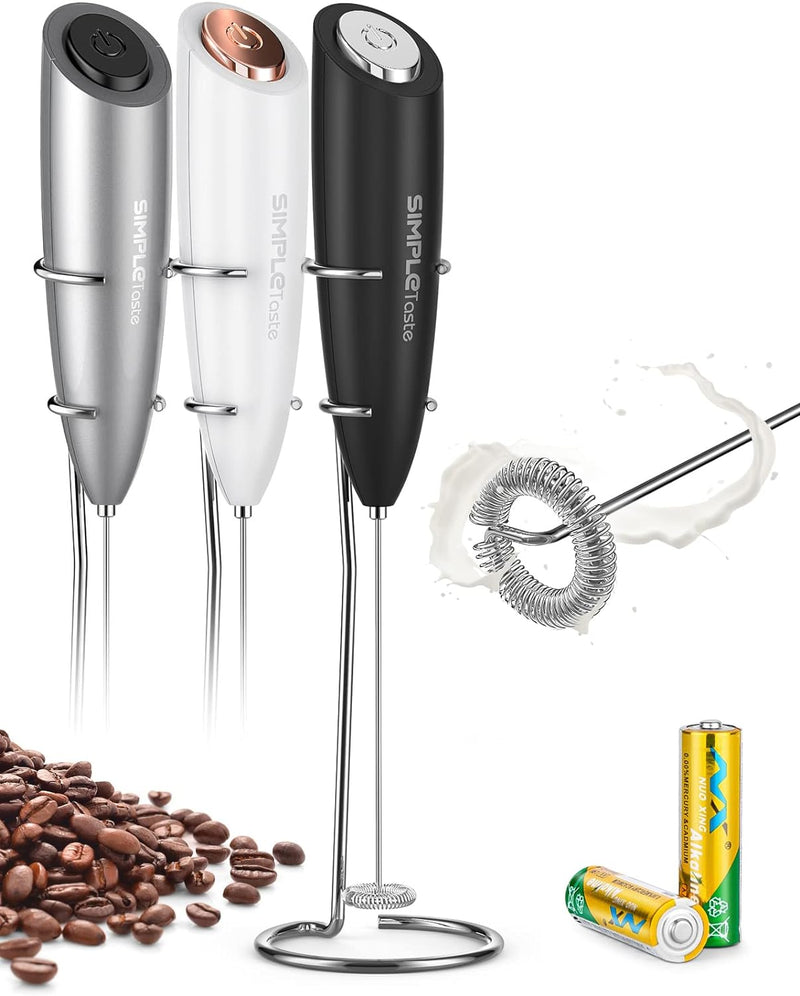 SIMPLETaste Milk Frother Handheld Battery Operated Electric Foam Maker, Drink Mixer with Stainless Steel Whisk and Stand for Cappuccino, Bulletproof Coffee, Latte