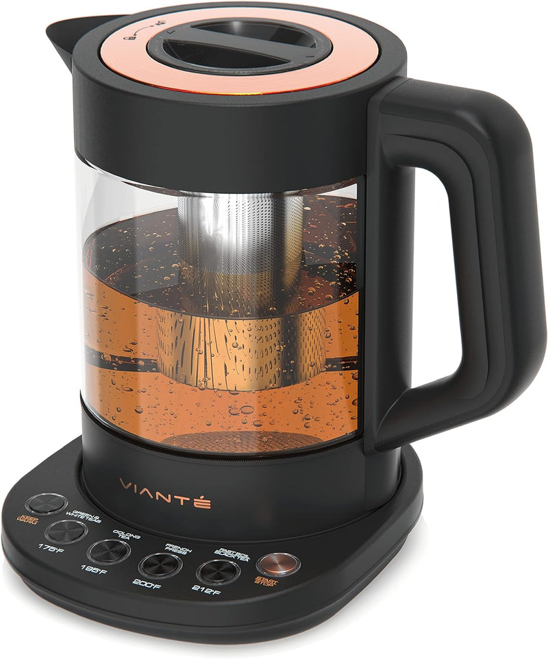 Vianté Hot Tea Maker Electric Glass Kettle with tea infuser and temperature control. Automatic Shut off. Brewing Programs for your favorite teas and Coffee. 1.5 Liters capacity.