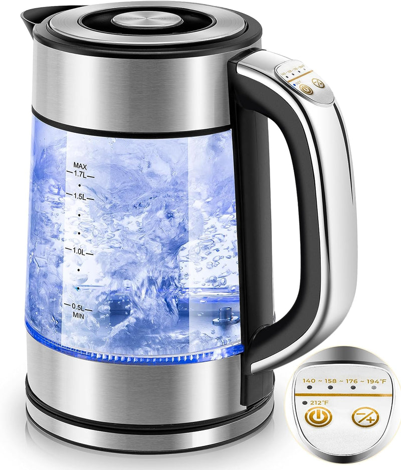 Pukomc Electric Kettle - 1.7L Hot Water Boiler - Glass Tea kettle with Wide Opening and Led Indicator, Auto Shut-Off and Boil-Dry Protection - Series 9460