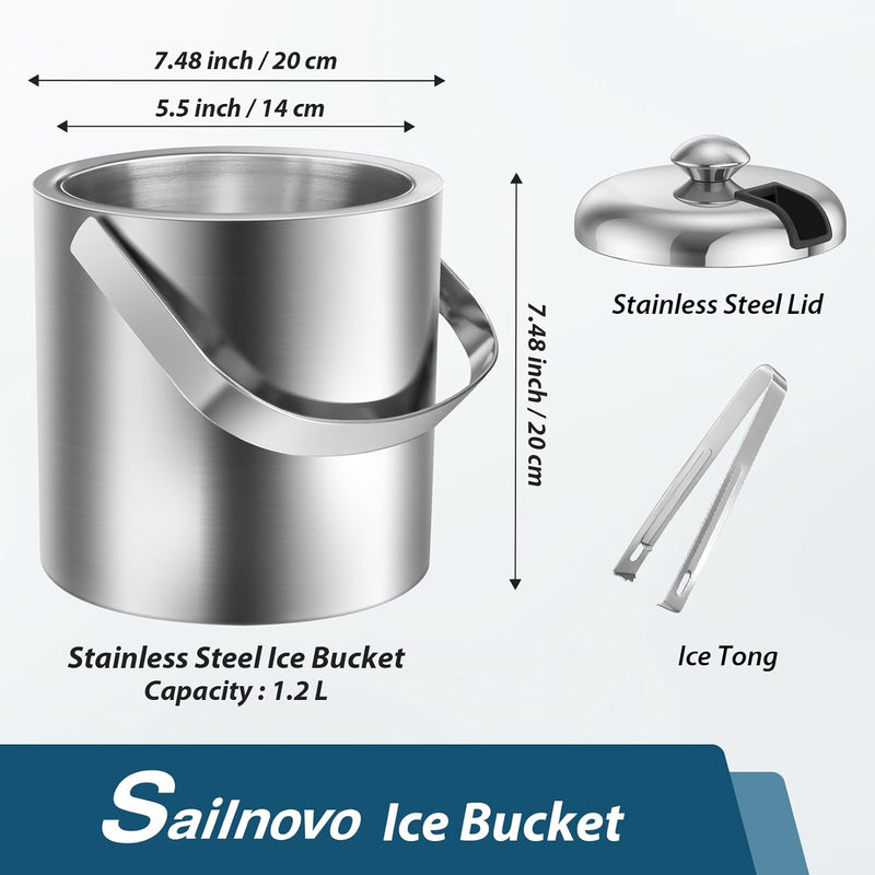 Sailnovo Ice Bucket, Double-Wall Stainless Steel Insulated Ice Buckets With Lid and Ice Tong, Ideal for Cocktail Bar, Parties, Chilling Wine, Champagne - 1.2 Liter Ice Container