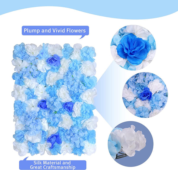 6PCS Artificial Flower Wall Panels - Blue Hydrangea  Rose Silk Mat for Wedding Decoration
