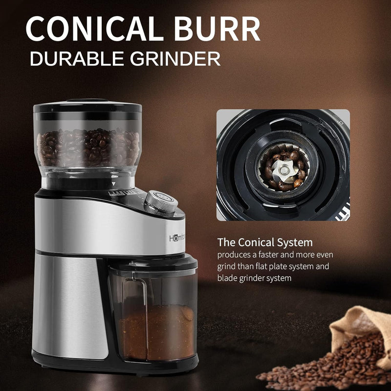 Homtone Electric Coffee Grinder Conical Burr, Adjustable Burr Coffee Grinder with 14 Precise Grind Setting, 12 Cup Coffee Grinder for Espresso, Drip Coffee, French Press (Stainless Steel)