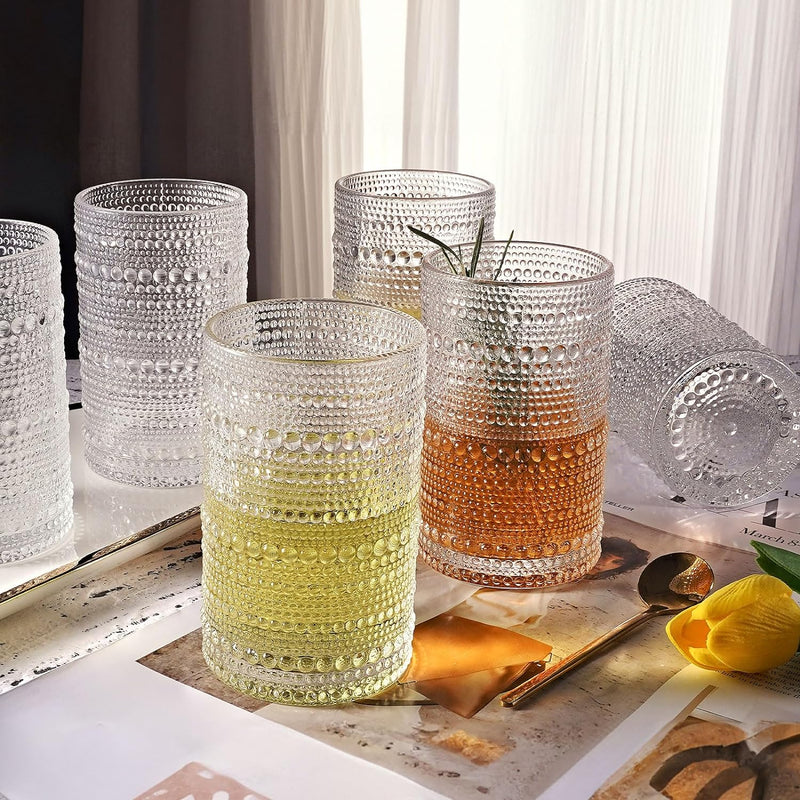 OPAYLY hobnail drinking glasses Highball Glasses Set of 6 12oZ Vintage Old Fashioned Glassware Water Cocktail Whiskey Beverages Juice Milk Gift for Men Women