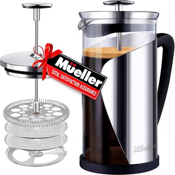 Mueller French Press Coffee, 20% Heavier Duty Stainless Steel Frame & Trumax Borosilicate Glass Coffee Press with 4 Level Filtration System, Easy Clean, 34oz-8 cups