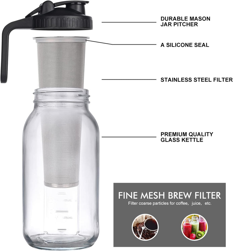 Cold Brew Mason Jar iced Coffee Maker, Durable Glass, - 64 oz (2 Quart / 1.9 Liter), With Handle& Stainless Steel Filter for Iced Brew Coffee, Lemonade, Ice Tea, Homemade Fruit Drinks Container