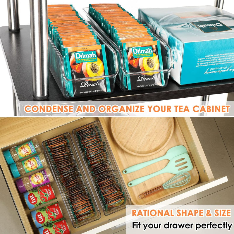 MaxGear Tea Bag Organizer Tea Bag Storage Tea Bag Holder Tea Box Clear Storage Bins for Sugar Packet, Coffee, Condiment, Spice Pouches in Kitchen, Cabinet, Countertop, Pantry, 10.4 x 3.5 x 3 inch