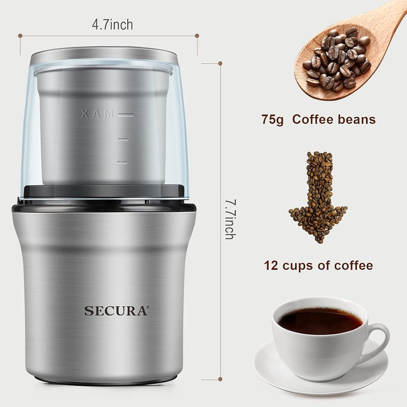 Secura Coffee Grinder Electric, 2.5oz/75g Large Capacity Spice Grinder Electric, Coffee Bean Grinder with 1 Stainless Steel Blades Removable Bowl