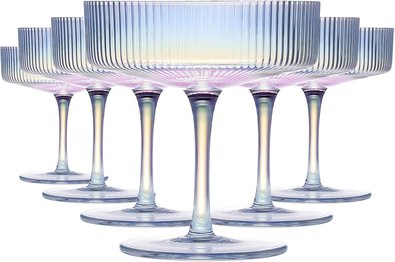 CUKBLESS Iridescent Martini Glasses Set of 6, Champagne Coupe Glasses, Hand Blown Vintage Ribbed Glasses, Cocktail Glasses for Margarita, Whiskey, Dessert, 7 oz