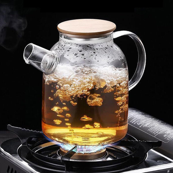 Glass Teapot Stovetop 63 OZ/1850ml, Borosilicate Clear Tea Kettle with Bamboo Lid, Glass Tea pot with Removable Filter Spout, Teapot for Loose Leaf and Blooming Tea and Fruit Tea (1850)