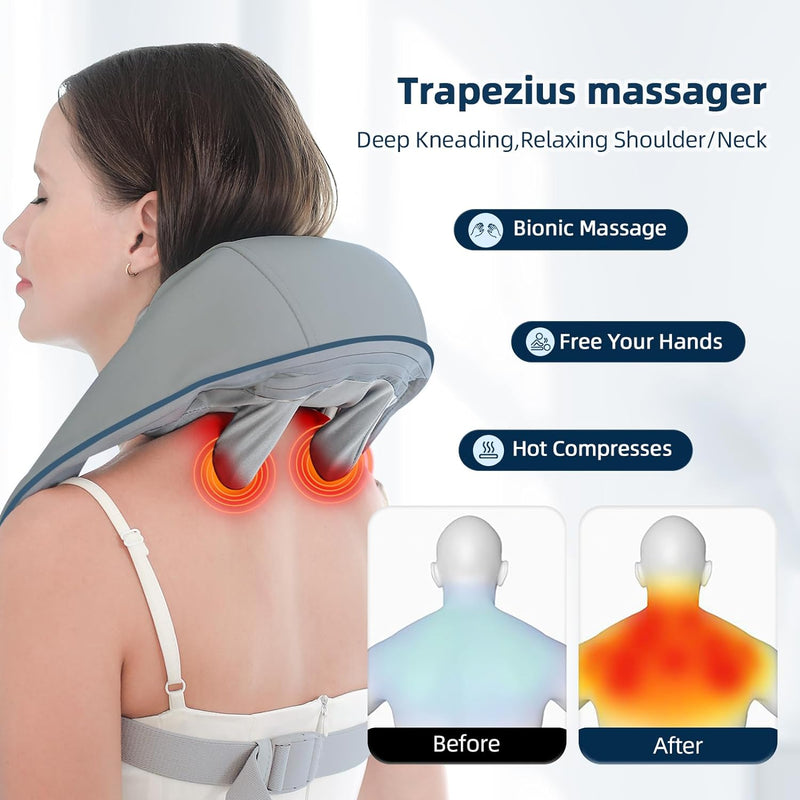 LIARTY Neck and Shoulder Massager, Shiatsu Electric Cordless Massager for Shoulder, 6D Kneading Massage Pillow for Back, Leg, Waist, Trapezius, Muscle Relaxation, Home & Office Use, Grey