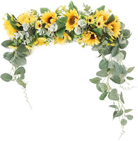 Artificial Sunflower Swag, 18 Inch Decorative Swag with Sunflowers, Green Leaves Hanging Ornament Floral Swag Door Swag for Wedding Home Party Door Wall Decoration