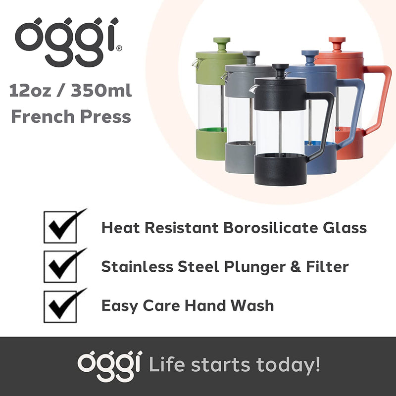 Oggi French Press Coffee Maker (12oz)- Borosilicate Glass, Coffee Press, Single Cup French Press, 3 cup Capacity, Olive