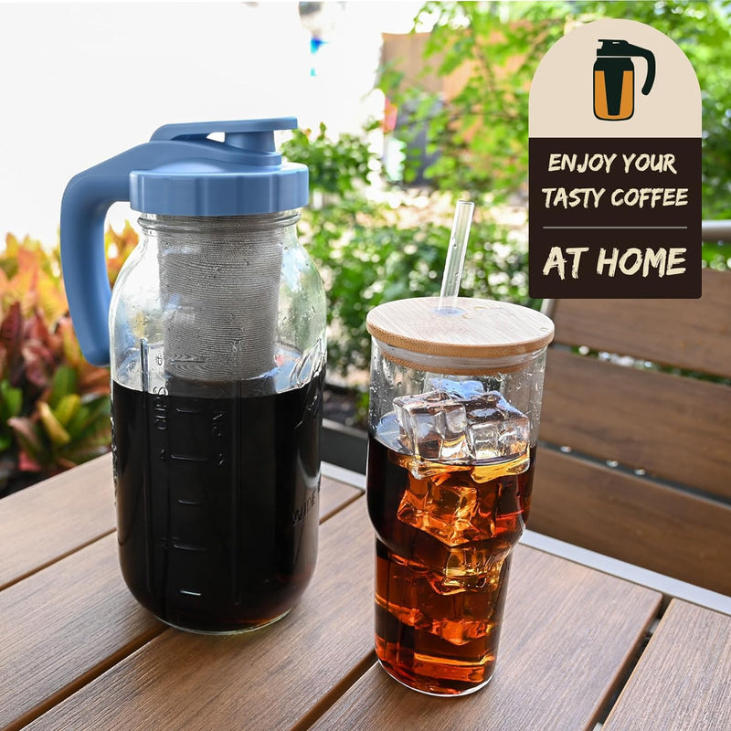 LIVEBAY Cold Brew Mason Jar Iced Coffee Maker, 64 oz Wide Mouth Glass Mason Jar with pour spout Lid, Heavy Duty Stainless Steel Filter - (2 Quart / 1.9 Liter)