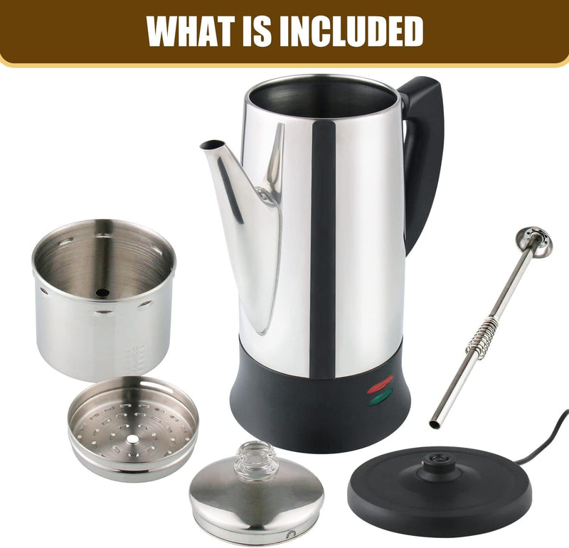 APOXCON Electric Coffee Percolator with ETL Approval, Stainless Steel Coffee Maker 1000 Watt with Simple Glass Knob Top, Auto Keep Warm Function & Cord-less Sever, Easy to Clean (12 Cup)