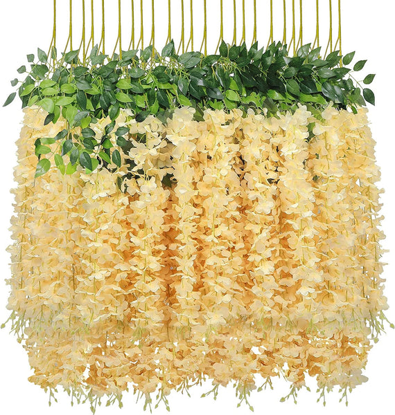 12 Pack(Total 43.2 Feet) Artificial Fake Wisteria Vine Rattan Hanging Garland Silk Flowers String Home Party Wedding Decor (12, Champagne)