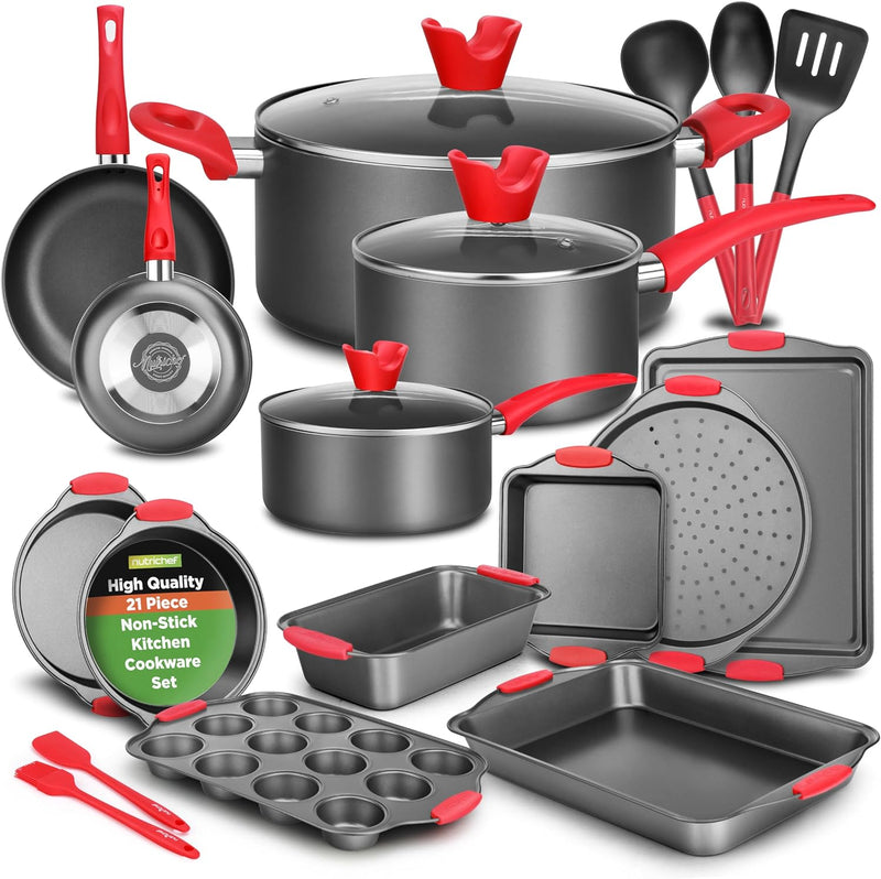 NutriChef Non-Stick Kitchen Oven Baking Pans-Deluxe & Stylish Nonstick Gray Coating Inside Outside, Commercial Grade Restaurant Quality Metal Bakeware with Red Silicone Handles NCSBS3S, 3 Piece Set