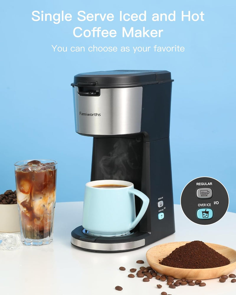 Famiworths Iced Coffee Maker with Milk Frother, Hot and Cold Single Serve Coffee Maker for K Cup Pod and Ground, Compact Coffee Machine 2 in 1 with Descaling Reminder and Self Cleaning