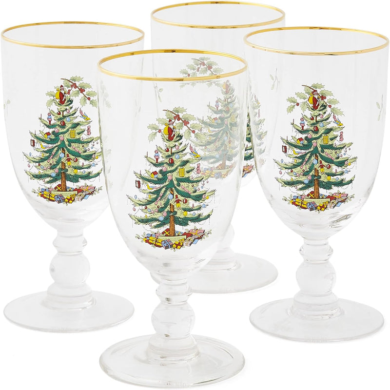 Spode Christmas Tree Glassware - Set of 4 -Made of Glass – Gold Rim- Classic Drinkware - Gift for Christmas, Holidays, or Wedding - Drinking Glasses (Highballs)