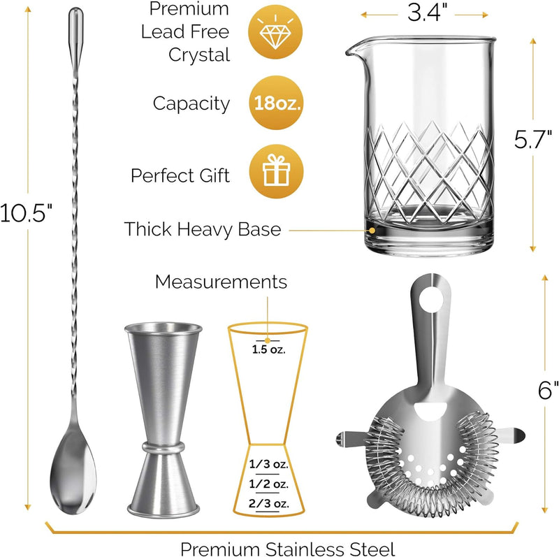 MOFADO Crystal Cocktail Mixing Glass Set - 4 Piece - 18oz 550ml - Solid, Sturdy and Durable Hand Blown Crystal Mixing Glass, Spoon, Jigger, Strainer - Beautiful Gift