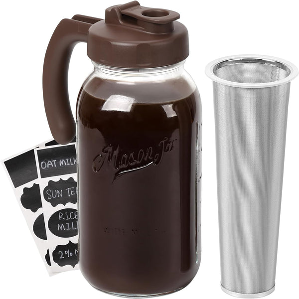 SOLIGT Cold Brew Coffee Maker Mason Jar Set, Iced Tea Brewing Pitcher with Stainless Steel Filter, 64 oz (2 Quart / 1.9 Liter), Wide Mouth Flip Cap Pour Spout Lid with Handle