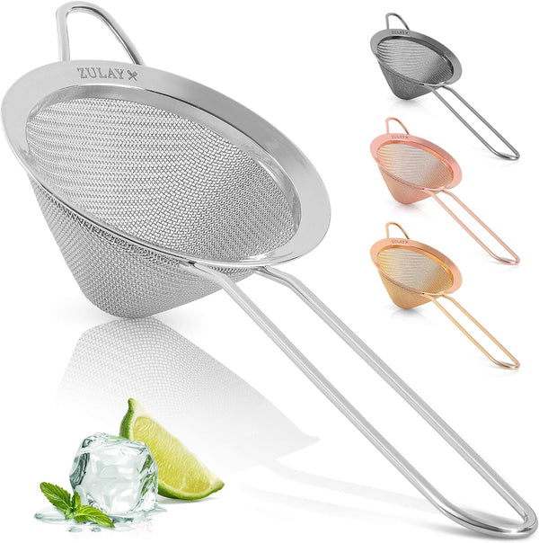 Zulay Stainless Steel Cocktail Strainer - Effective Cone Shaped Fine Mesh Strainer For Tea Herbs, Coffee & Drinks - Rust-Proof Tea Strainers For Loose Tea - Easy to Clean Drink Strainer (Silver)