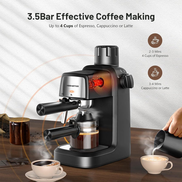 3.5 Bar Espresso Cappuccino Machine, 800W with Milk Frother - 4 Cup Portable Coffee Maker for Latte, Cappuccino, Gift