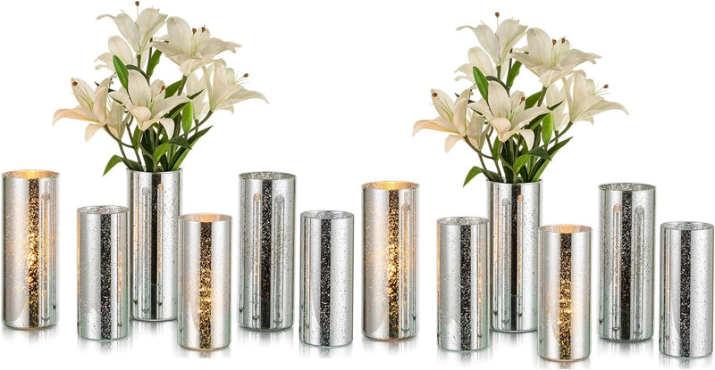 Glasseam Mercury Gold Candle Holders, Set of 6 Glass Hurricane Candle Holder, Glitter Pillar Candle Holder for Table, Modern Cylinder Vases for Centerpieces Wedding Dining Christmas Decorations