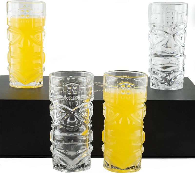 Clear Tiki Glasses, Set of 4 - 450 ML - Perfect for Exotic Cocktails, Lemonade, Ice Tea, Mixed Drinks- Exotic Zombie, Rum, Mai Tai, Pina Colada, Punch, Hurricane, Bar Drinkware