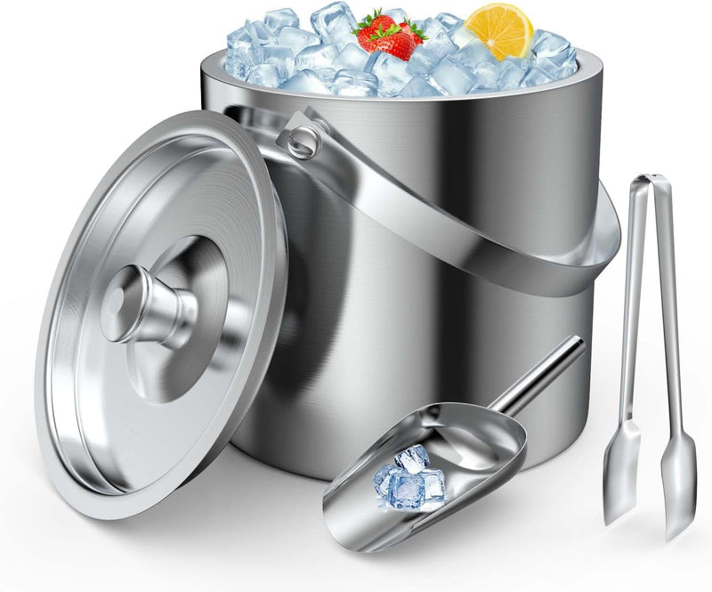 Ice Bucket 2L with Lid,Scoop,Tongs, Small Double Wall Insulated Stainless Steel Ice Bucket Wine Bucket for Cocktail Bar and Parties