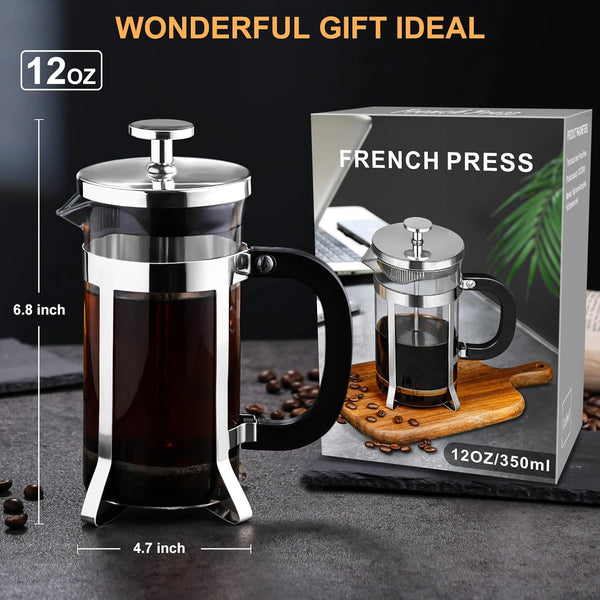 PARACITY French Press Coffee Maker, Mini Coffee Press of 18/8 Stainless Steel Filter and Heat Resistant Glass, Portable Cold Brew Coffee Maker 12OZ for Travel& Home Gift, BPA Free (Silver)