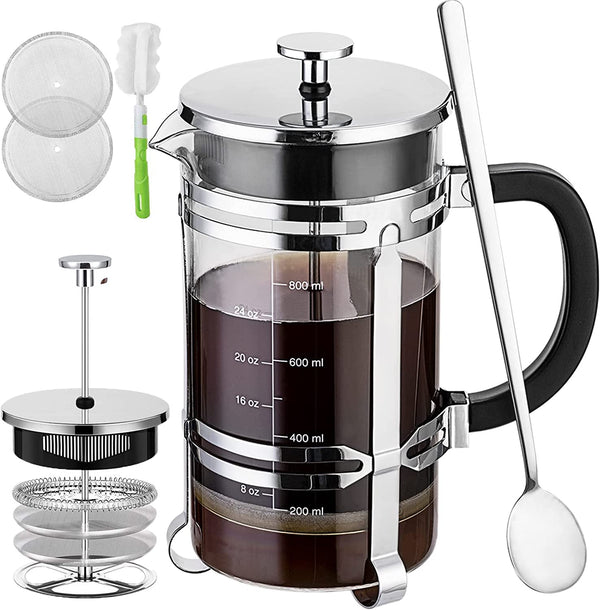 French Press Coffee Maker (34 oz) with 4 Filters - 304 Durable Stainless Steel,Heat Resistant Borosilicate Glass Coffee Press,BPA Free,Silver（include 1 cleaning brush,1spoon and 2 spare filter screen）