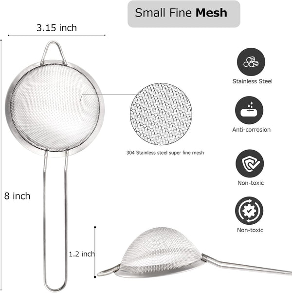 Fine Mesh Strainer, Stainless Steel 3 Inch Sturdy Long Handle Double Straining Small Mini Sifter, Metal Bar Conical Sieve for Tea Coffee Cocktail Juice Sugar and Spices, Pack of 1 (Silver)