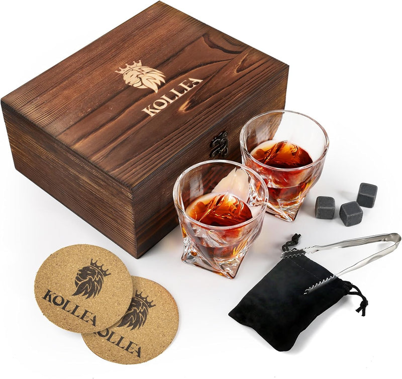 Kollea Whiskey Glasses & Whiskey Stones, Whiskey Glasses Set of 2 with 8 Whiskey Rocks, Whiskey Glasses in Wooden Gift Box, Whiskey Gift for Men, Dad, Boyfriend, Birthday, Christmas, Housewarming